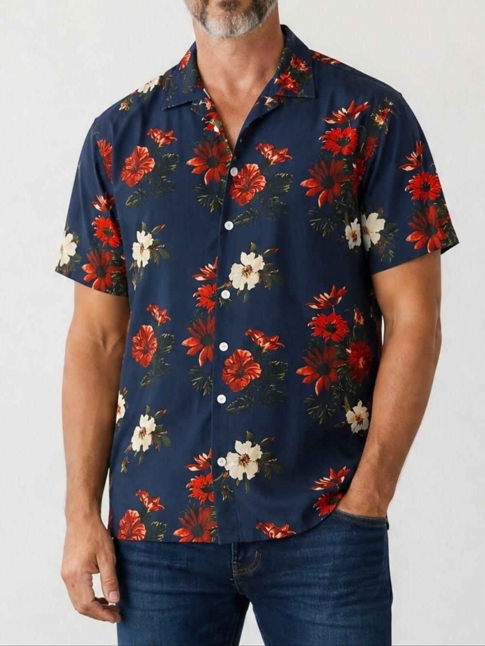 Men's Navy Floral Button-Down Shirt with Red & White Flowers